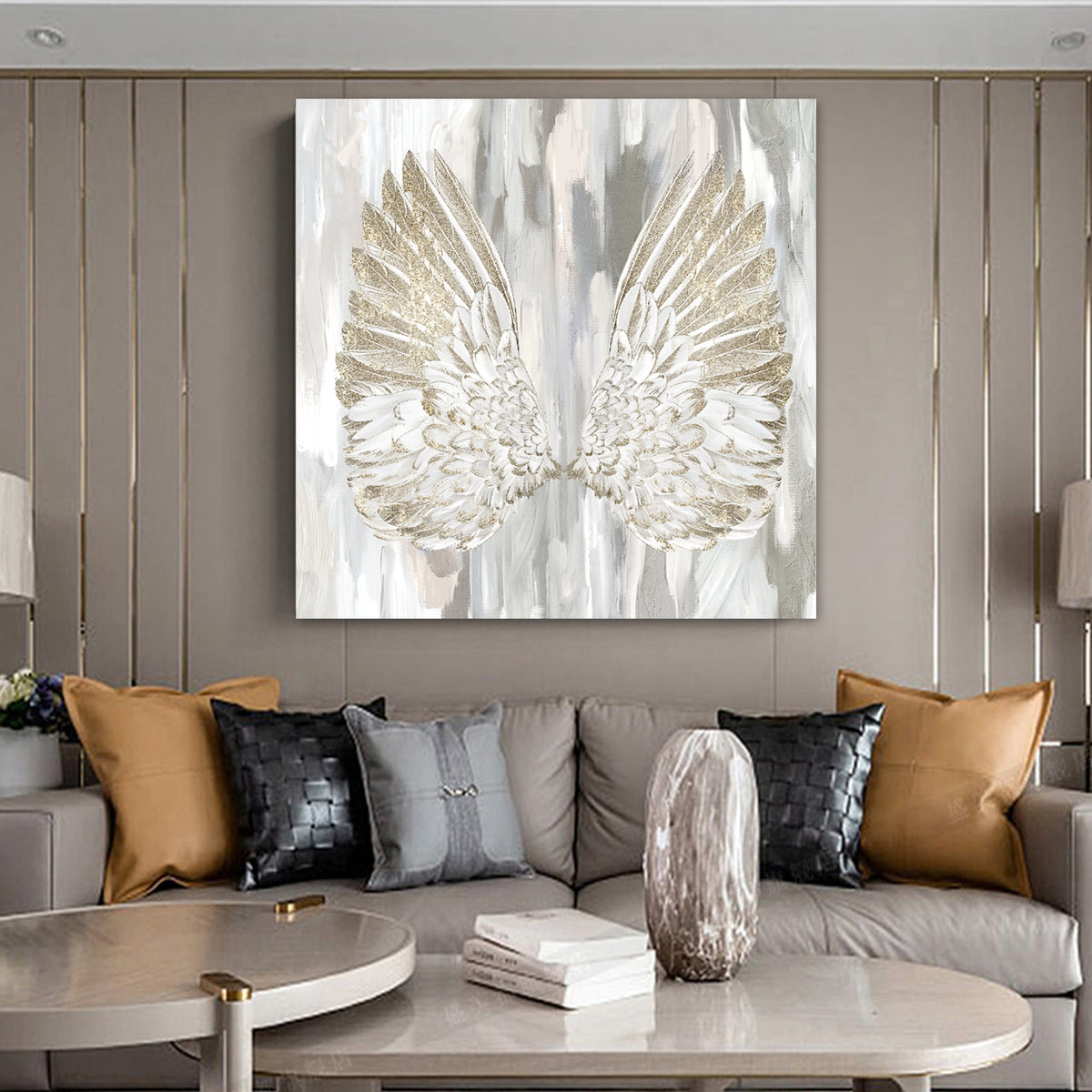 Ready-To-Hang Wall Art | Gold & Neutral Angel Wings – Gold Furnish