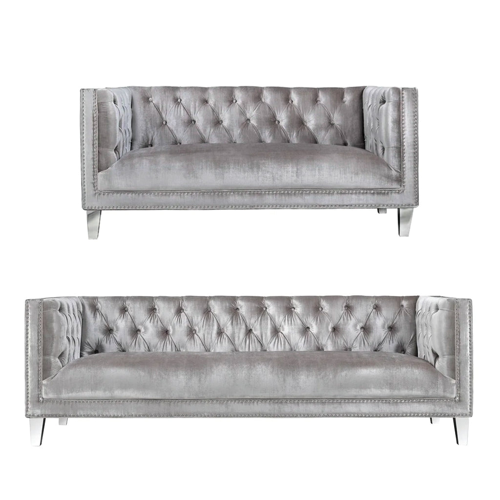 Grey Tufted Velvet Glamorous Sofa Set (2) Gold Furnish